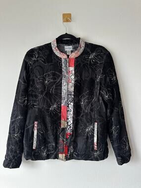 Vintage Embroidered Silk Linen Jacket Black Floral Tapestry Zip Front Artsy M